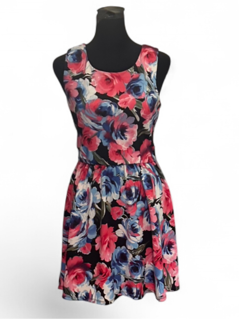 Lily Rose Black Pink Blue Floral Cutout Fit & Flare Sleeveless Zip Dress S